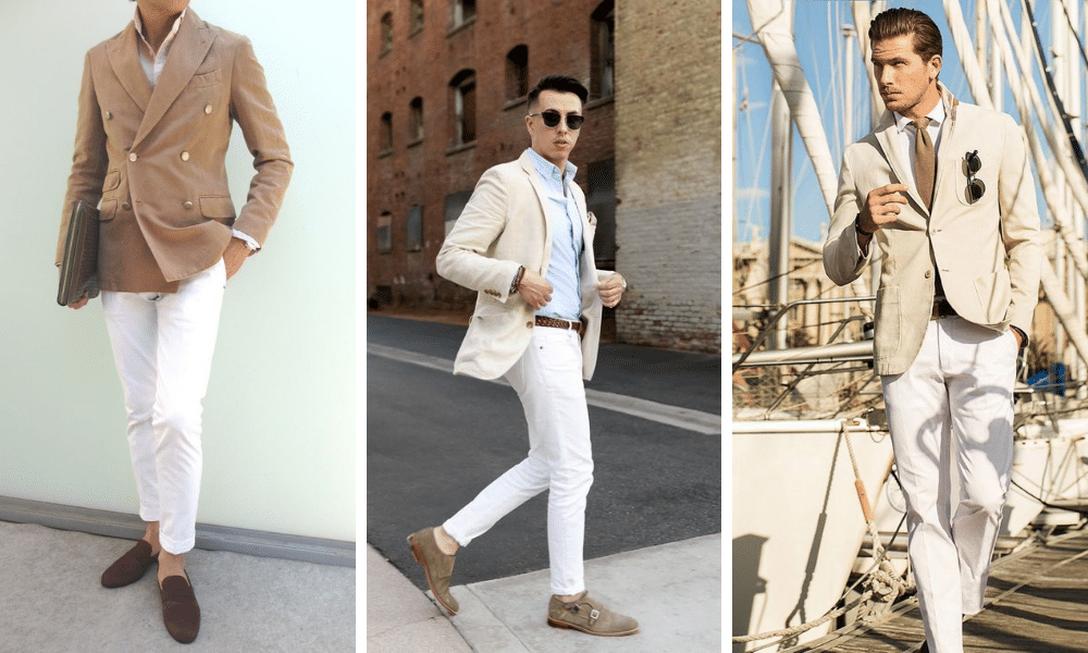 men wearing a beige blazer with white jeans