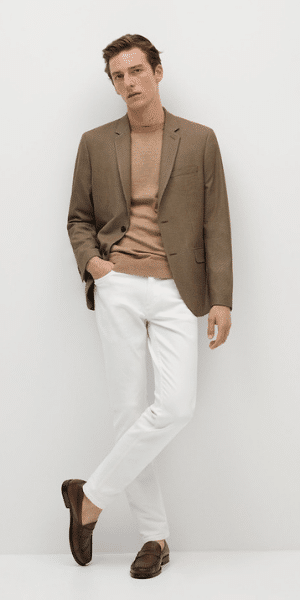 model wearing brown cotton blazer