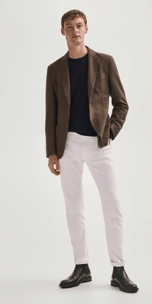 model wearing brown dyed wool blazer