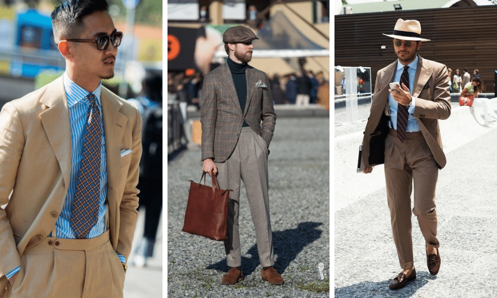 street style men not wearing belt with a suit