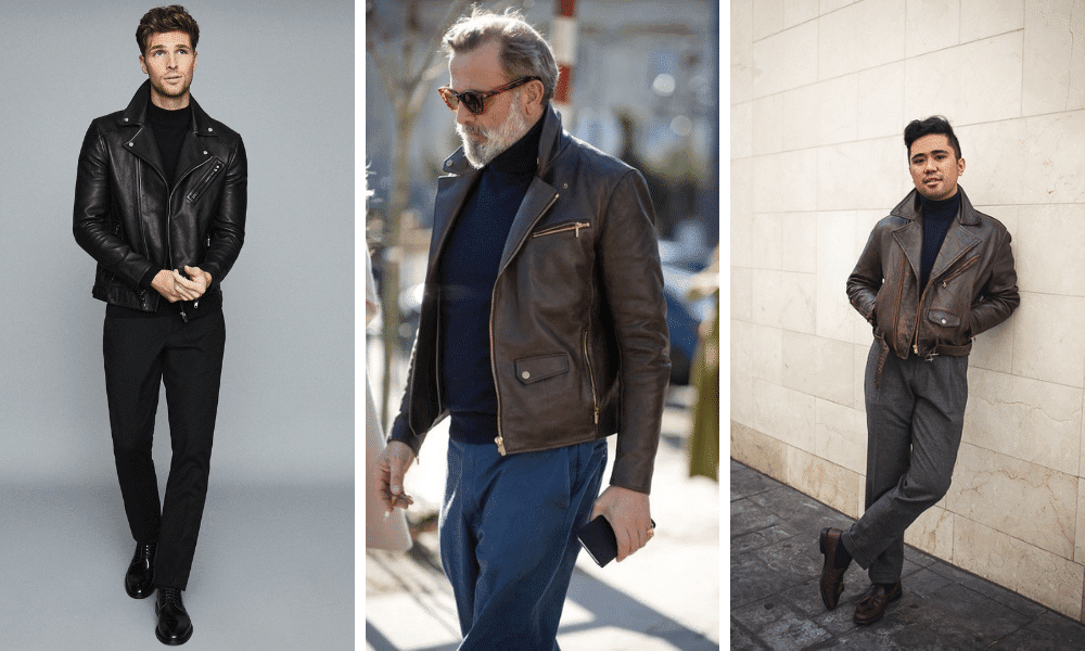 men wearing roll neck with leather jacket