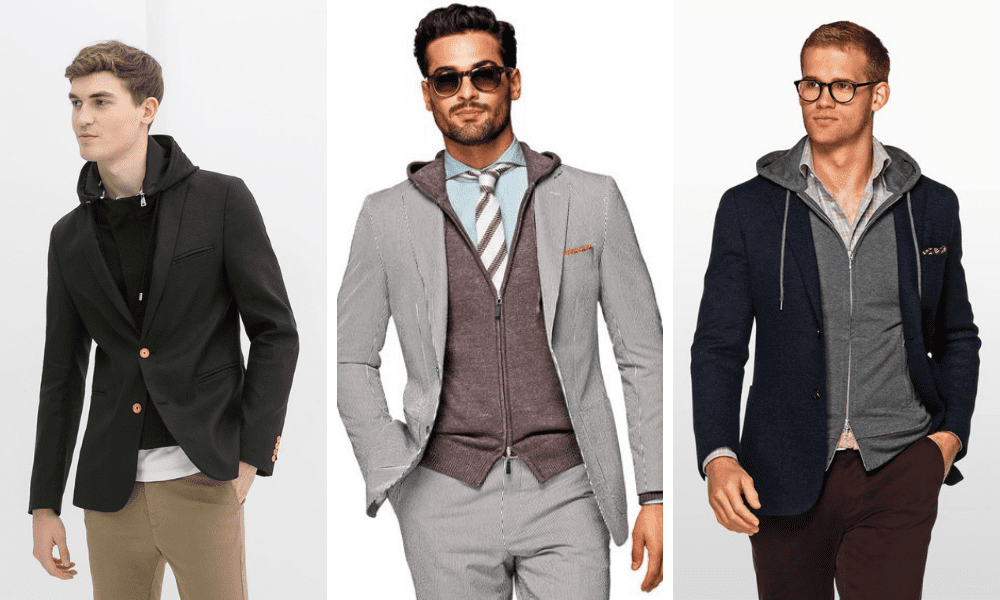 different men wearing a hoodie as part of a tailored look