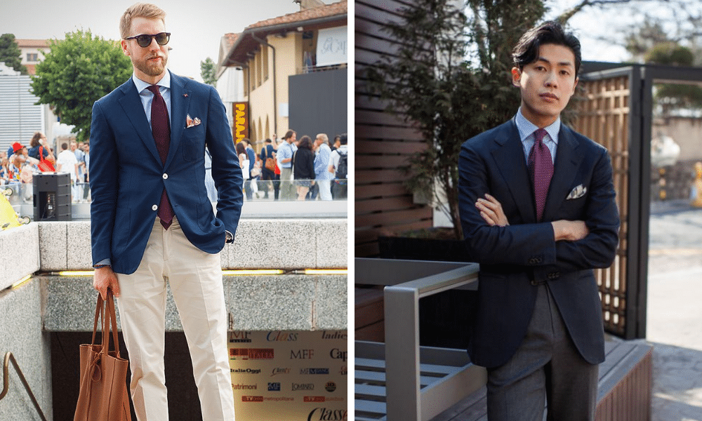 blue shirt worn with a burgundy tie