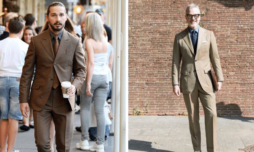 how to wear a brown suit with a grey shirt