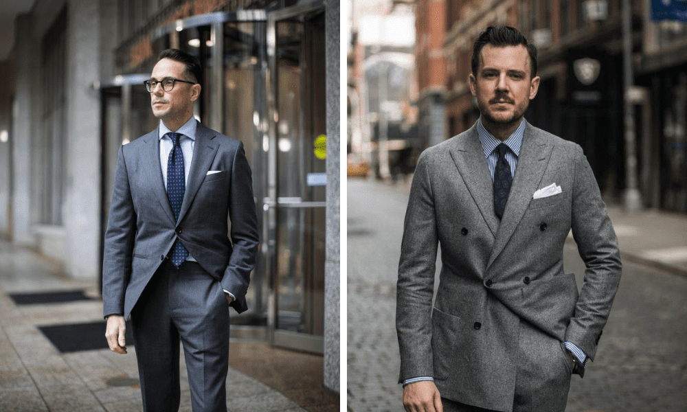 grey suit and blue shirt for men