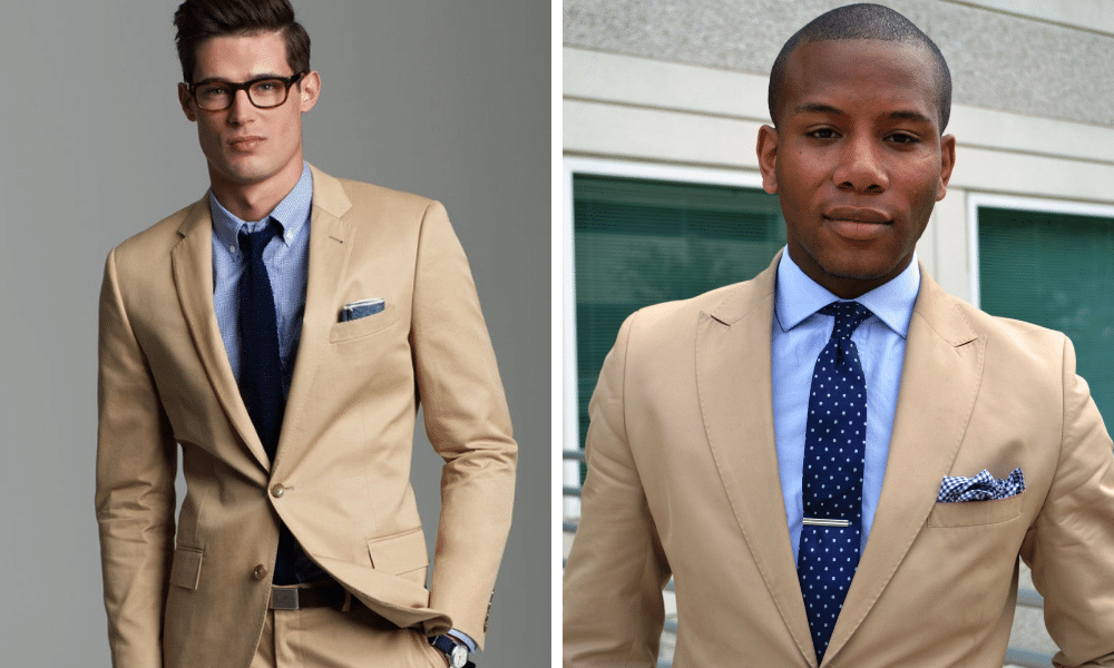 tan coloured suit combined with blue shirt