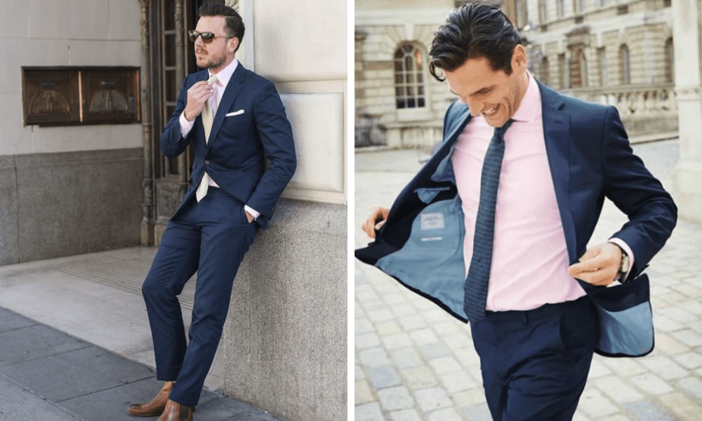 Blue suit online with pink shirt