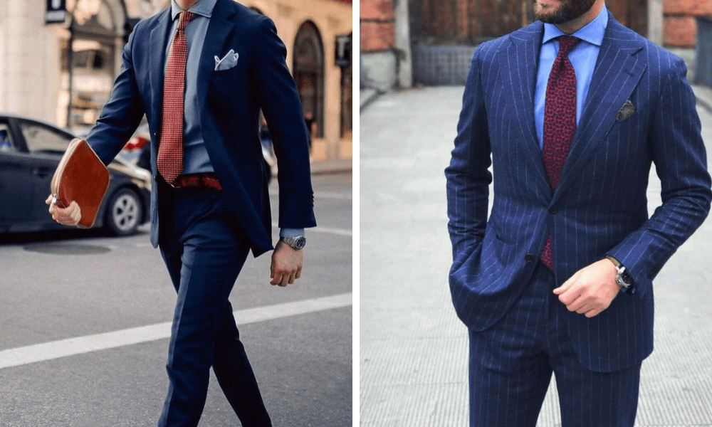 blue suit worn with a red tie
