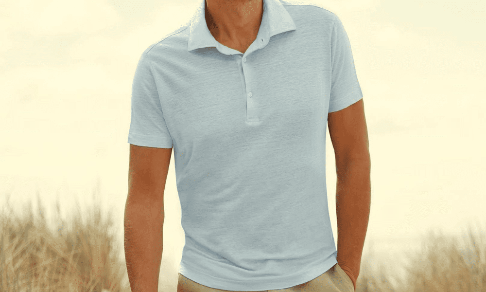 model wearing linen polo shirt