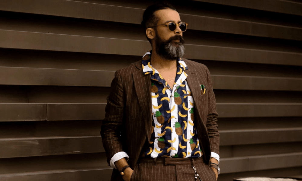 bold printed shirt with suit