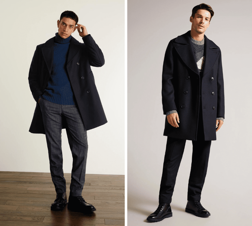 men's peacoat being worn with formal trouser and knitwear