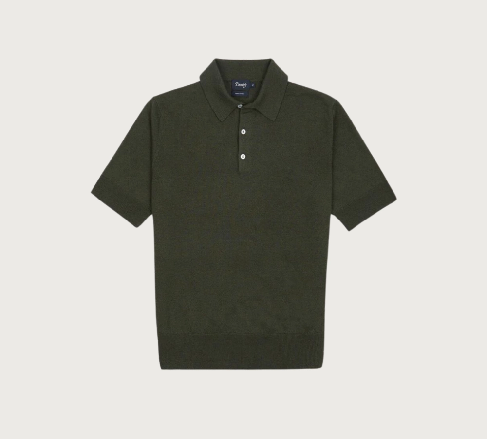Drake's Olive Linen Cotton Polo Shirt