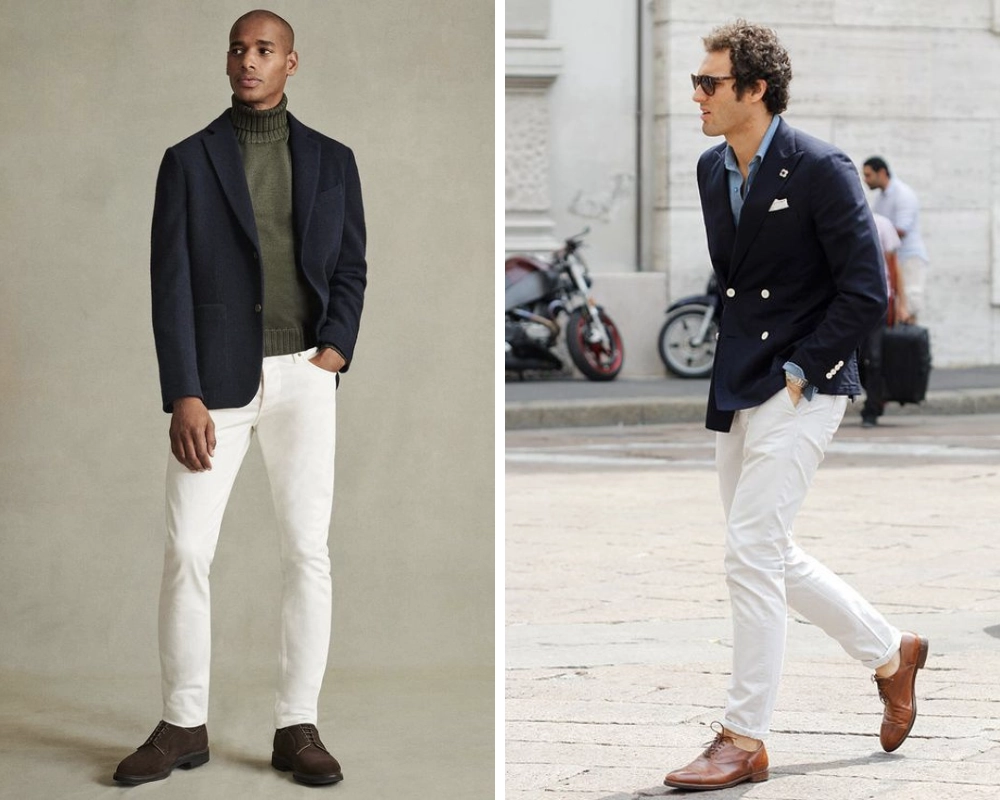 white jeans styled with a navy blazer