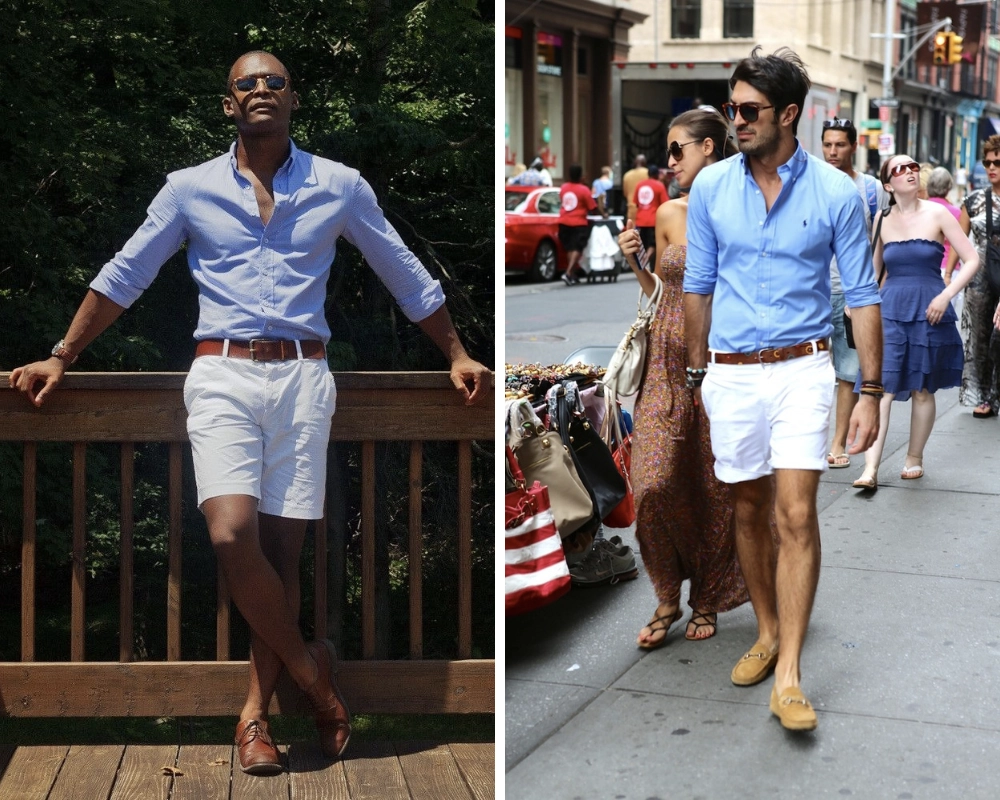 white shorts and blue shirt for men